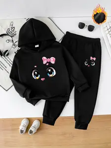Girls' Fall Winter Fleece Set & Cat Bow Print Hoodie + Sweatpants Two-Piece, Cute Casual Kids Clothing, School, Park, Party Wear