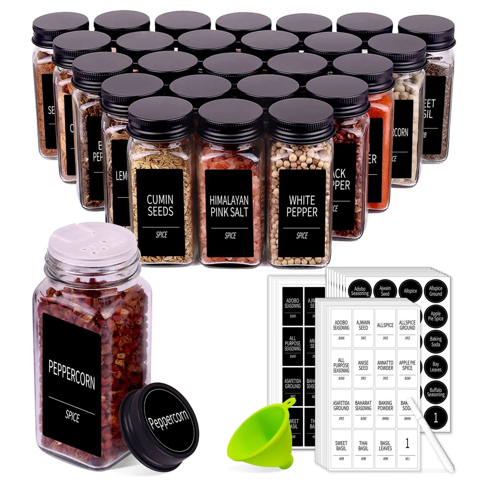 48 Spice Jars with 547 Labels- Glass Spice Jars with Black Metal Caps, 4oz Empty Spice Containers with Shaker Lids, Funnel, Chalk Pen, Square Seasoning Bottles for Spice Rack, Drawer, Cabinet