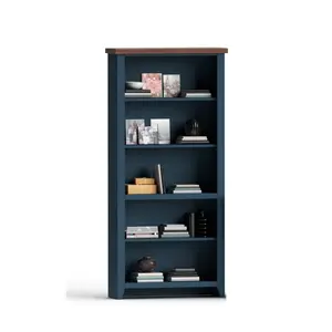 72 inch high 5-shelf Bookcase, No Assembly Required, Blue Denim and Whiskey Finish, Bookcase Shelf for CDs/Movies/Books, Home Office Bookcase Shelf Storage Organizer, Modern Book Shelf for Bedroom/Living Room/Home Office