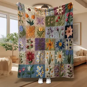 Floral Pattern Patchwork Quilted Throw Blanket, Soft Comfortable Warm Napping Blanket, Cool Bedroom Bedding Blankets for Home Office Travel Dormitory