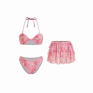 Cider Floral & Leopard Halter Neckline Knotted Bikini Set With Ruffle Tiered Skirt SwimWeek