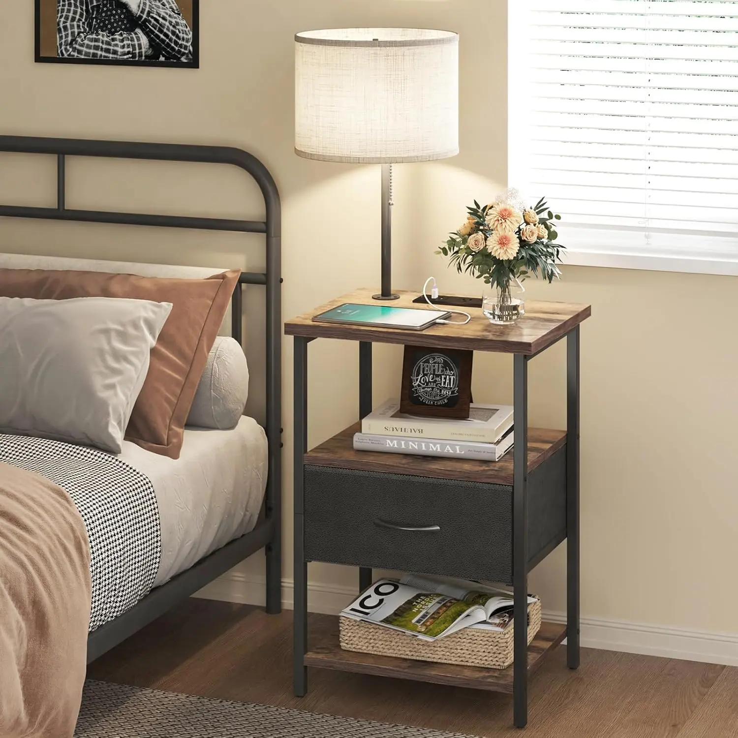 Lighted 2-in-1 Dual-Use Height-Adjustable Nightstand - 3-Color Temperature Bulb, Charging Station, Adjustable Fabric Drawer Indoor Bedroom End Table, Lighted Bedside Tables, 2-In-1 Bedside Tables