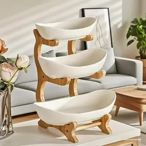 Colorful Fruit Basket Set with Wooden Stand, Plastic Bowls, Cake Stands, Biscuit Plates, Candy Buffet, Perfect for Weddings & Parties, Display Storage Rack