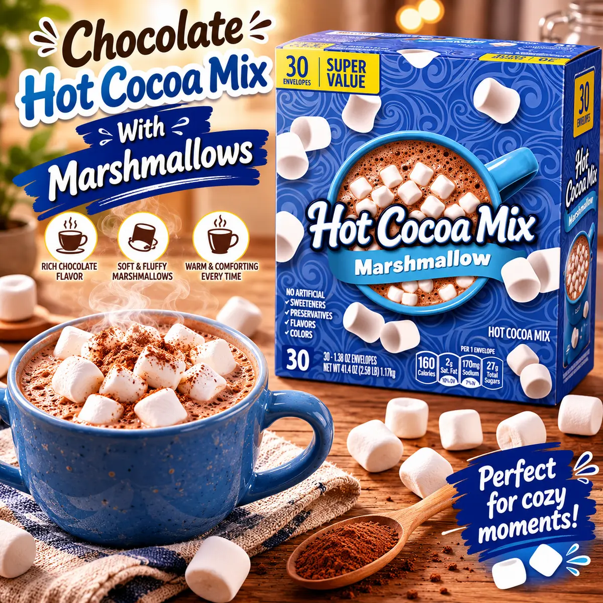 Instant Hot Cocoa Mix with Marshmallows – Rich Chocolate Drink Powder, Single Serve Packets, Convenient Warm Beverage, 30 Count Box