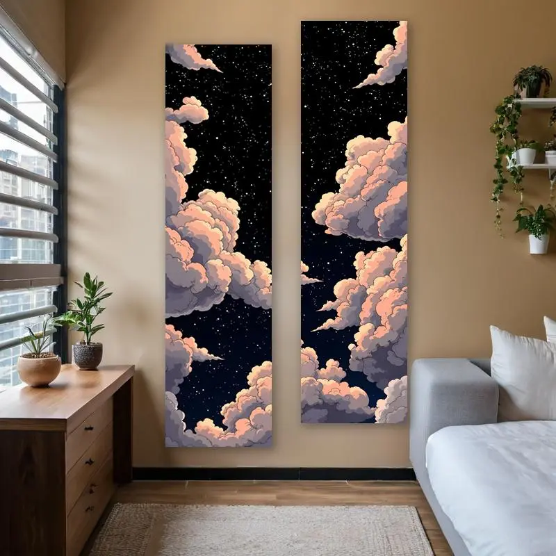 Starry Night Sky Pattern Wall Tapestry, 2 Counts/set Fantastic Clouds and Star Landscape Long Narrow Tapestry, Wall Hanging Decor for Bedroom, Home Bedroom Decor, Durable Decorative Tapestry, Decoration