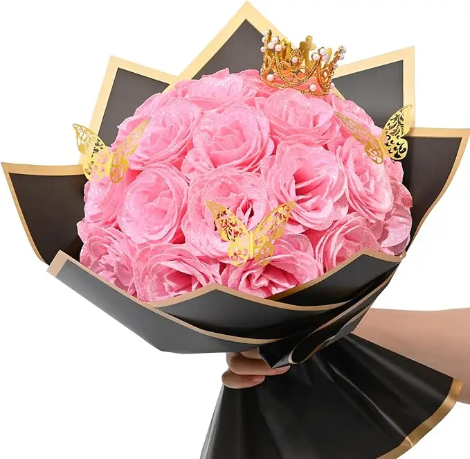 Glitter Roses Bouquet, DIY Fake Flowers Bouquet, Birthday Gifts for Women Mom, 25 Pcs Pink Rose for Grandma Wife Girlfriend Valentines, Mothers Day, Anniversary, Graduation