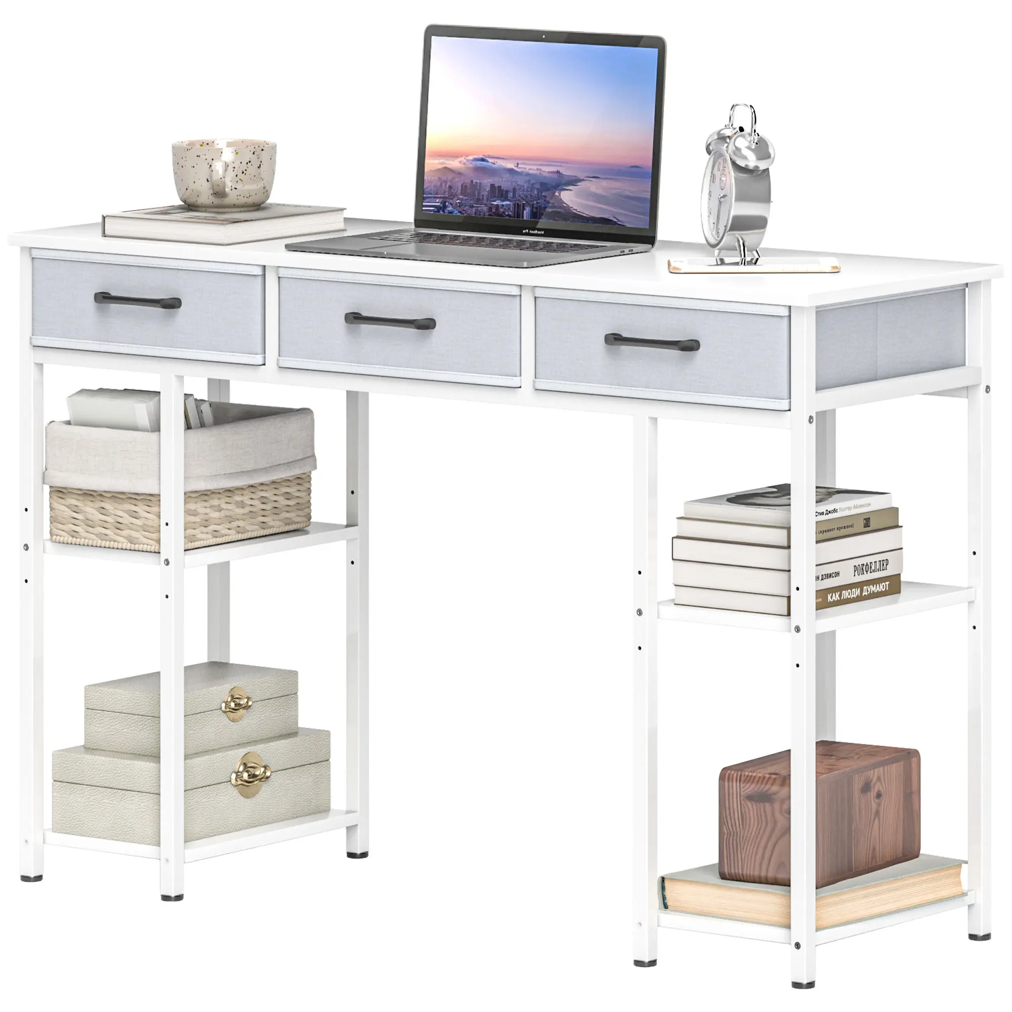 47" Compact White Computer Desk - Office Furniture with Fabric Drawers, Adjustable Shelves for Home Office, Small Spaces, Kids Schoolwork
