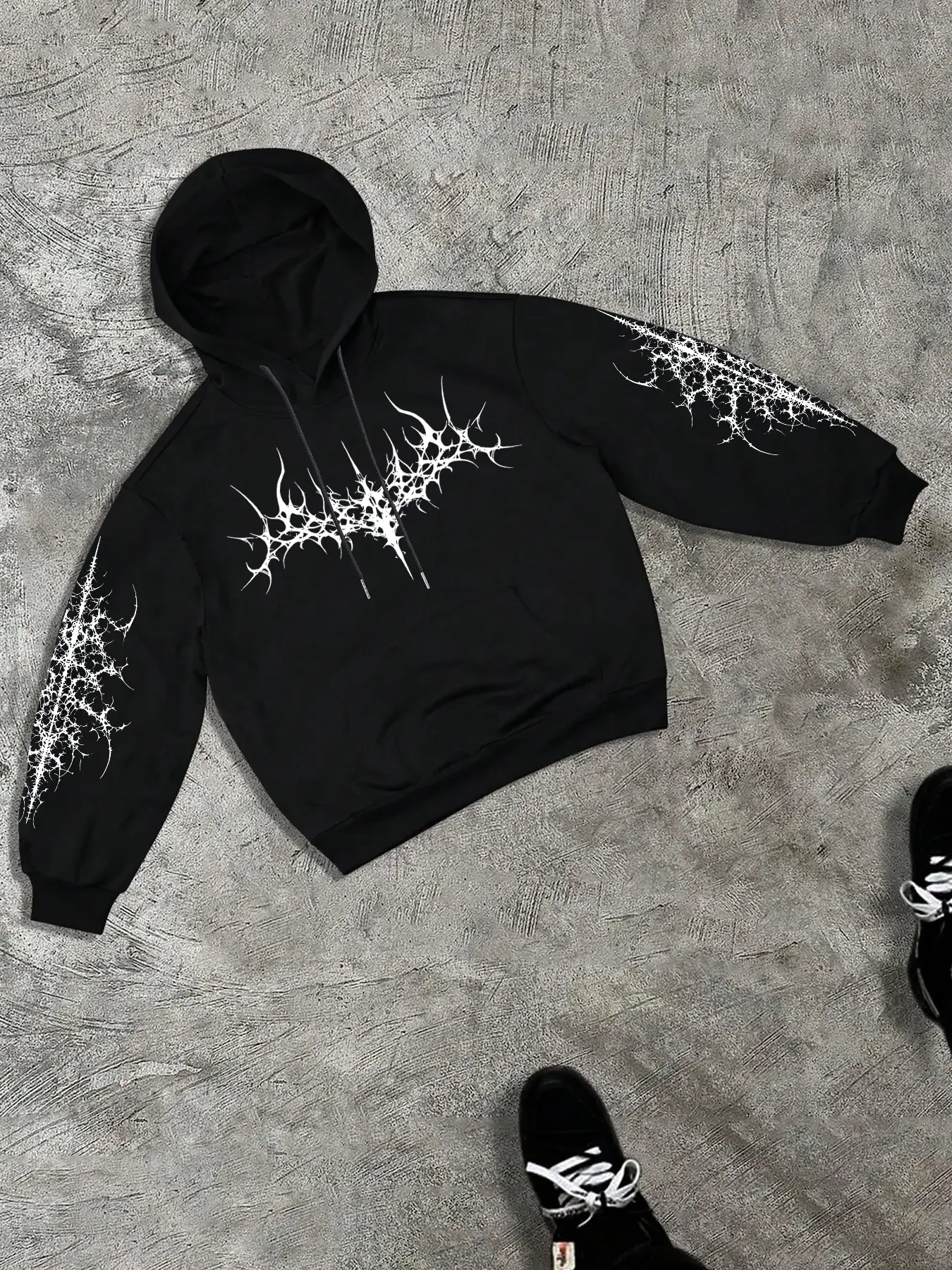 Men's Regular Fit Thick Fleece Hoodie, Knitted Spider Web Animal Print Drawstring Hoodie, Casual Pocket Long Sleeve Hooded Sweatshirt, Men Clothes for Fall & Winter Daily Wear, Tops