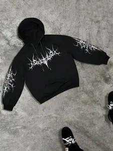 Men's Regular Fit Fleece Hoodie, Knitted Spider Web Animal Print Drawstring Hoodie, Casual Pocket Long Sleeve Hooded Sweatshirt, Men Clothes for Fall & Winter Daily Wear