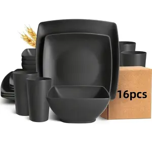 1 Set 16-Piece Wheat Straw Square Steak Plates Salad Bowls 4-Person Tableware Dinnerware Set Cups Gift Set
