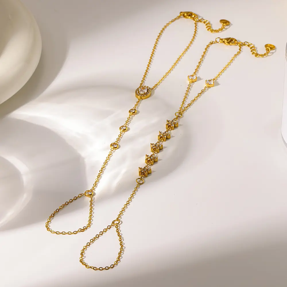 Gold Tone Stainless Steel Hand Slave Bracelet with Floral Round Inlaid Stones, Dainty Double Chain Finger Ring Connected Hand Chain, Sparkly Layered Hand Jewelry for Women, Ideal Party, Club & Daily Outfit Accessory Gift