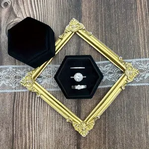 Hexagon Ring Box 3 Slots - Velvet Premium Wedding Ring Bearer Box Handmade Vintage Three Rings Holder for Proposal Engagement Ceremony Photography, for Home Room Living Room Office Decor, Mother's Day Spring Season Gift, Jewelry Boxes, Display Box