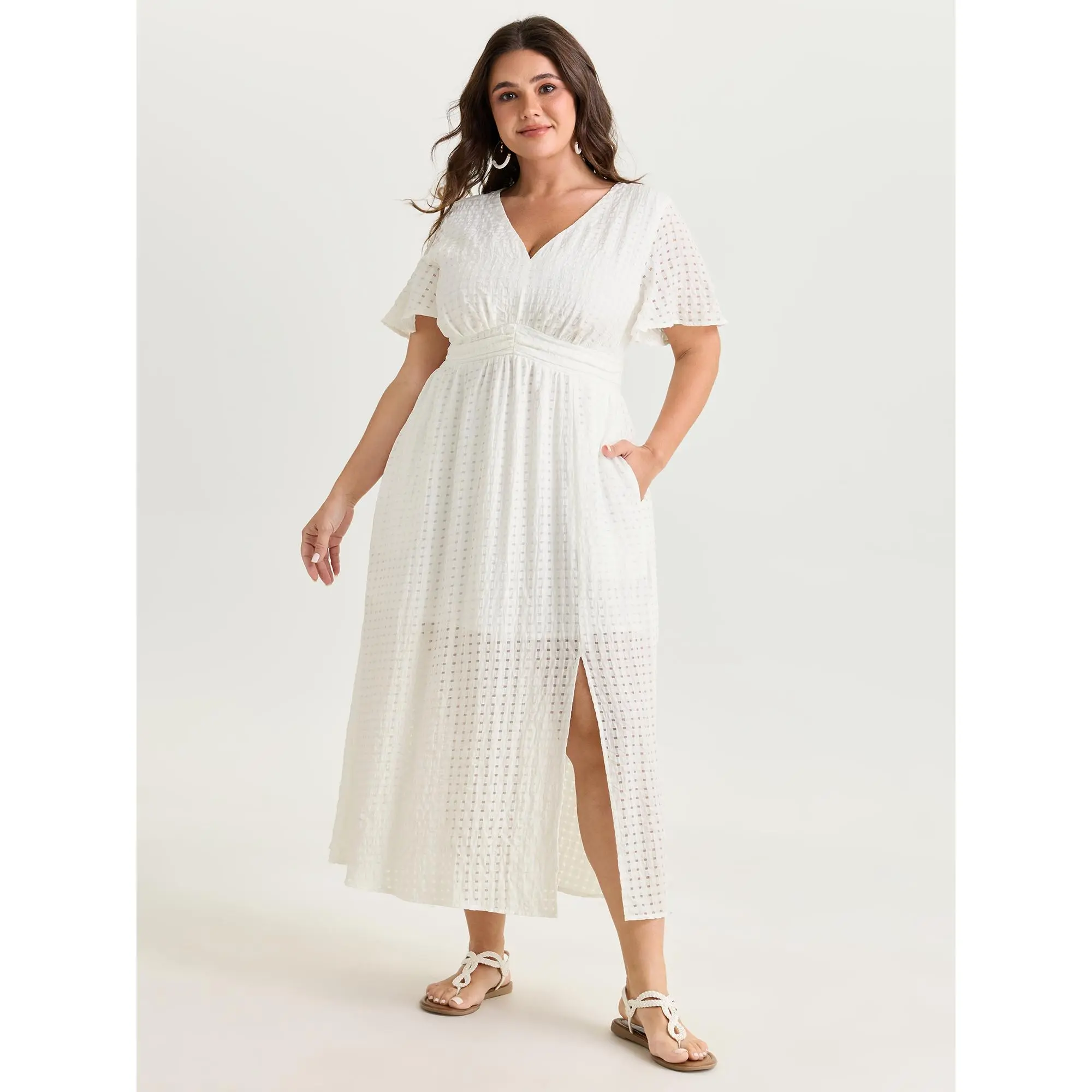 BloomChic Women's Plus Size Boho V-Neck Midi Dress, Casual Cable Knit Rayon Blend with Flutter Sleeves and Pockets, Women's Clothes, Garment, Shortsleeve, Basic, Low Iron, Stylish Women's Wear