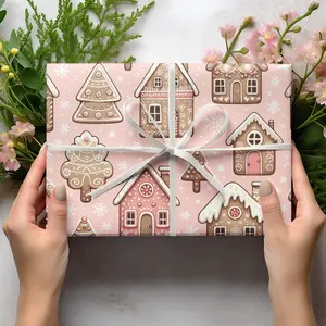 Gingerbread Houses and Christmas Trees on Pastel Pink Wrapping Paper I Holiday Gift Wrap I Wrapping Paper 30x36, 30x72, 30x180