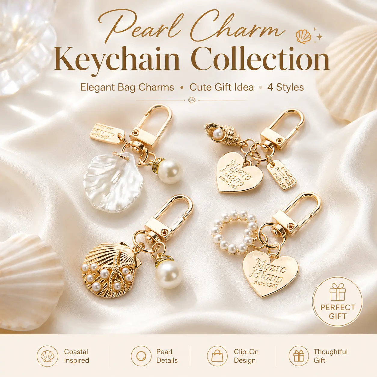 Coastal Faux Pearl Bag Charm Keychain for Women with Gold-Tone Seashell, Starfish & Heart Shapes, Clip-on Keyring, Cute Beach Gift Accessory, Plain