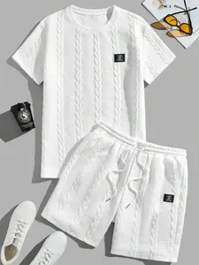 Men's Solid Textured Patched Tee & Drawstring Waist Shorts Set, Regular Fit Casual Round Neck Short Sleeve T-shirt & Pocket Shorts, Men's Summer Clothes, Casual Outfit Set