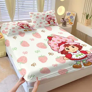 Chibi Cartoon Strawberry Sweetheart Fresh Cream Fitted Sheet Set & 2 Pillowcases, Red-Haired Girl Wearing a Strawberry Hat & Strawberry Kitten, Soft Comfortable Easy Care, Fresh Farmhouse Bedroom Decor Gift, Decorative Bedsheet Sets