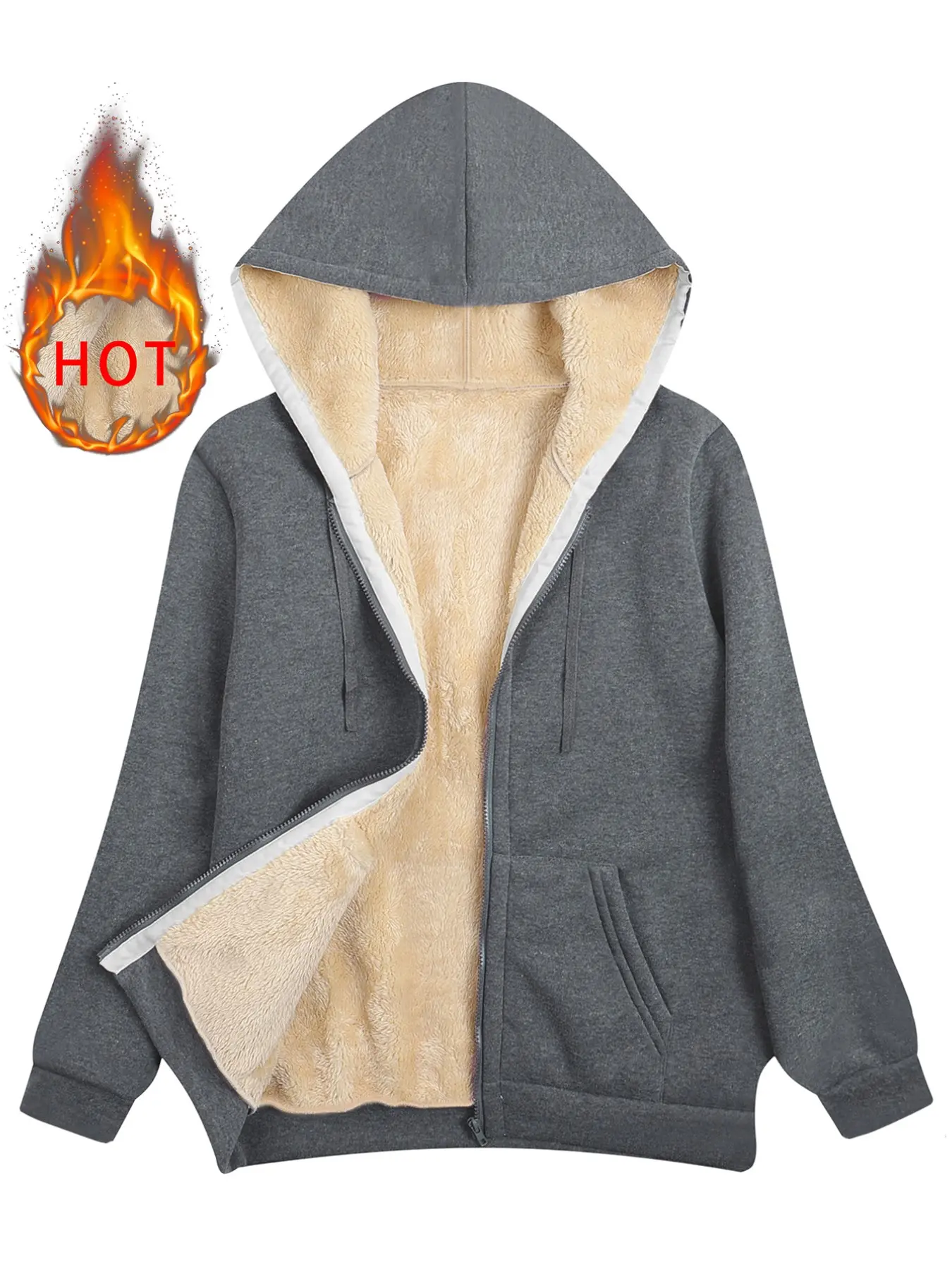 Women's Fashion Zipper Hoodie, Casual Fitted Long Sleeve Random Print Sweatshirt, Fall & Winter Warm Lined Outerwear Top