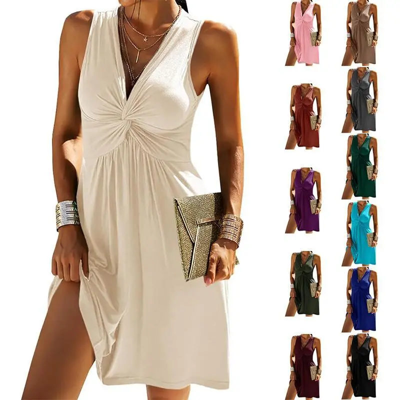 Imily Bela Women's V Neck Front Knotted Sleeveless Tank Dress Summer Solid Casual A Line Dress Imily Bela Women's V Neck Front Knotted Sleeveless Tank Dress Summer Solid Casual A Line Dress