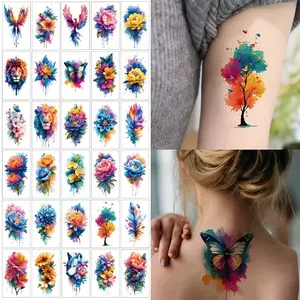 30pcs 3D Colorful Butterfly Flower Floral Phoenix Lion Animal Party Tattoo Stickers, Life Tree Feather Wolf Design, Body Art Fake Tattoos for Parties