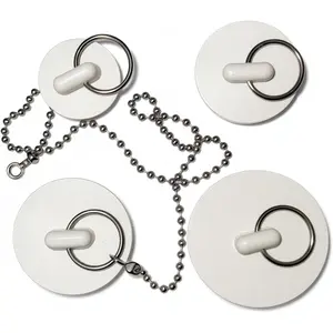 4 Pack Rubber Drain Stoppers with 1 Chain – Assorted Sizes Sink and Bathtub Drain Plug Set with Pull Ring – Leak-Resistant Water Stopper for Kitchen, Bathroom, Laundry, and Utility Sinks