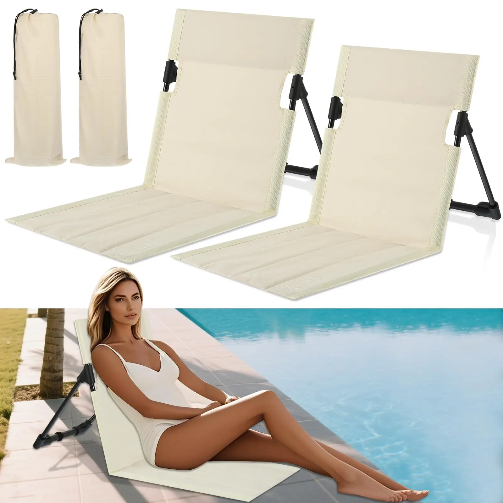 2-Piece Foldable Poolside Beach Loungers Set, Compact Portable Chairs with Back Support, Lightweight Foldable Seats, Flat Profile Floor Mat for Poolside Relaxation, Camping
