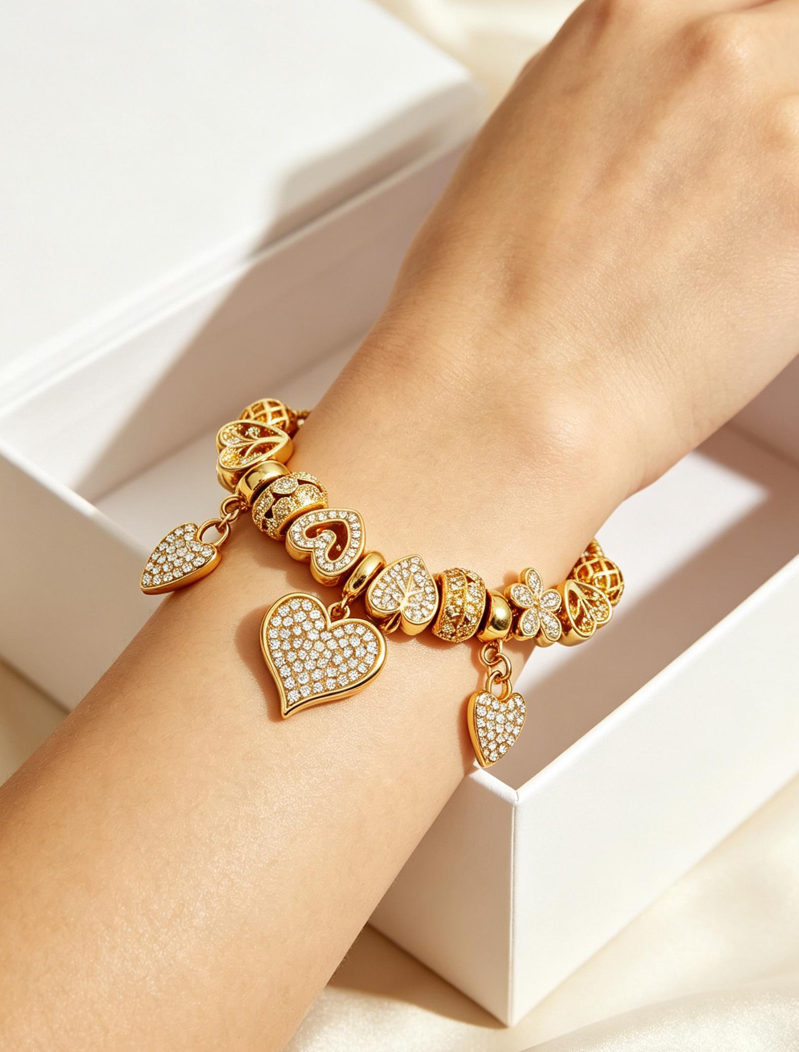 Women's 14K Gold-Plated Adjustable Length Snake Chain Bracelet - Gold Heart Crystal, Multi-Heart Charms, Clover Leaf Pave Diamond Jewelry for Women, Female Wear, Gift Idea Fashion Accessory
