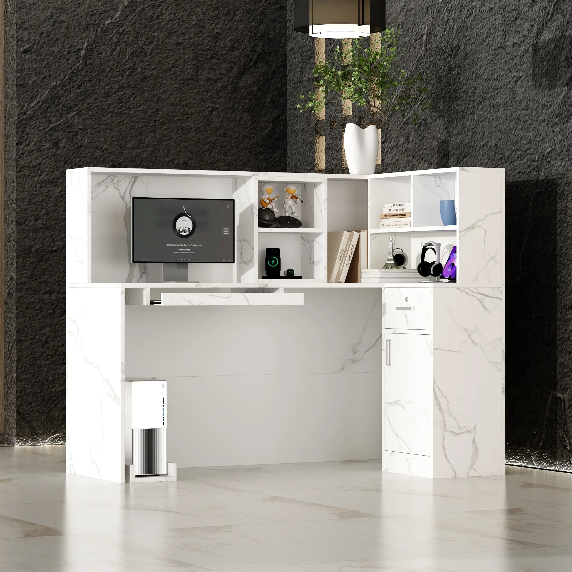 FUFU&GAGA Modern Wood Reception Desk Counter Table - L-Shaped Indoor Corner Desk Setup with Lockable Drawer & Open Shelves, Modern Wood Desk