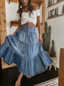 Stly Women's Long Denim Dress, Skirt, Casual Basic Loose Fit, High Waist, Button Front, Vintage Style, Aesthetic, Blue, Perfect for Holidays & Daily Wear