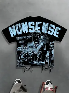 Cartoon line art Y2K style batwing sleeve T-shirt with loose fit, streetwear hip-hop portrait character print loose shirt unisex, European and American party club casual wear geometric aesthetic short sleeve