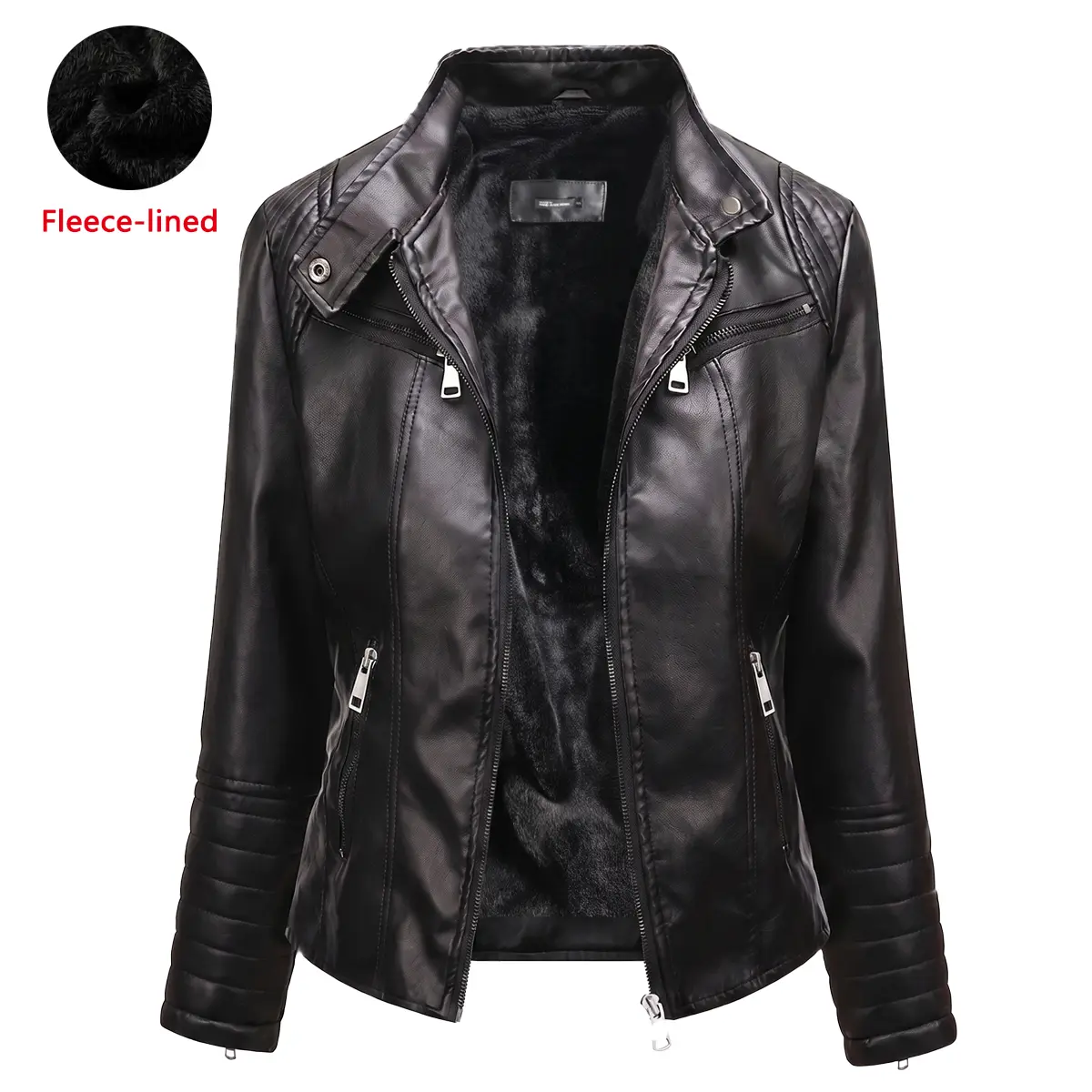 Women's Black Faux Leather Slim Stand Collar Multi-Zipper Pockets Long Sleeve PU Biker Jacket - Women's Tops, Smooth Fabric, Minimalist Everyday Spring Autumn Casual Street Outerwear