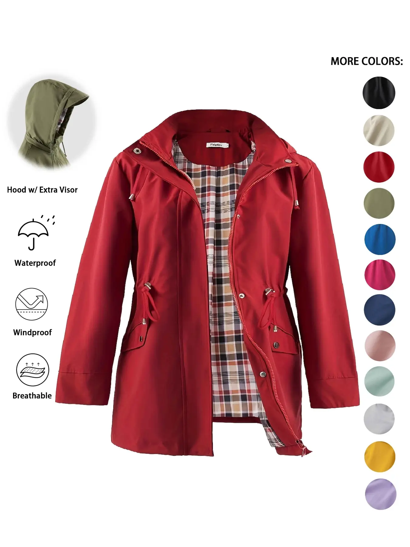 【Curve】Women's Solid Color Casual Drawstring Zip-Up Hooded Trench Coat, Long-Sleeve Waterproof Windproof Coat for Spring & Fall