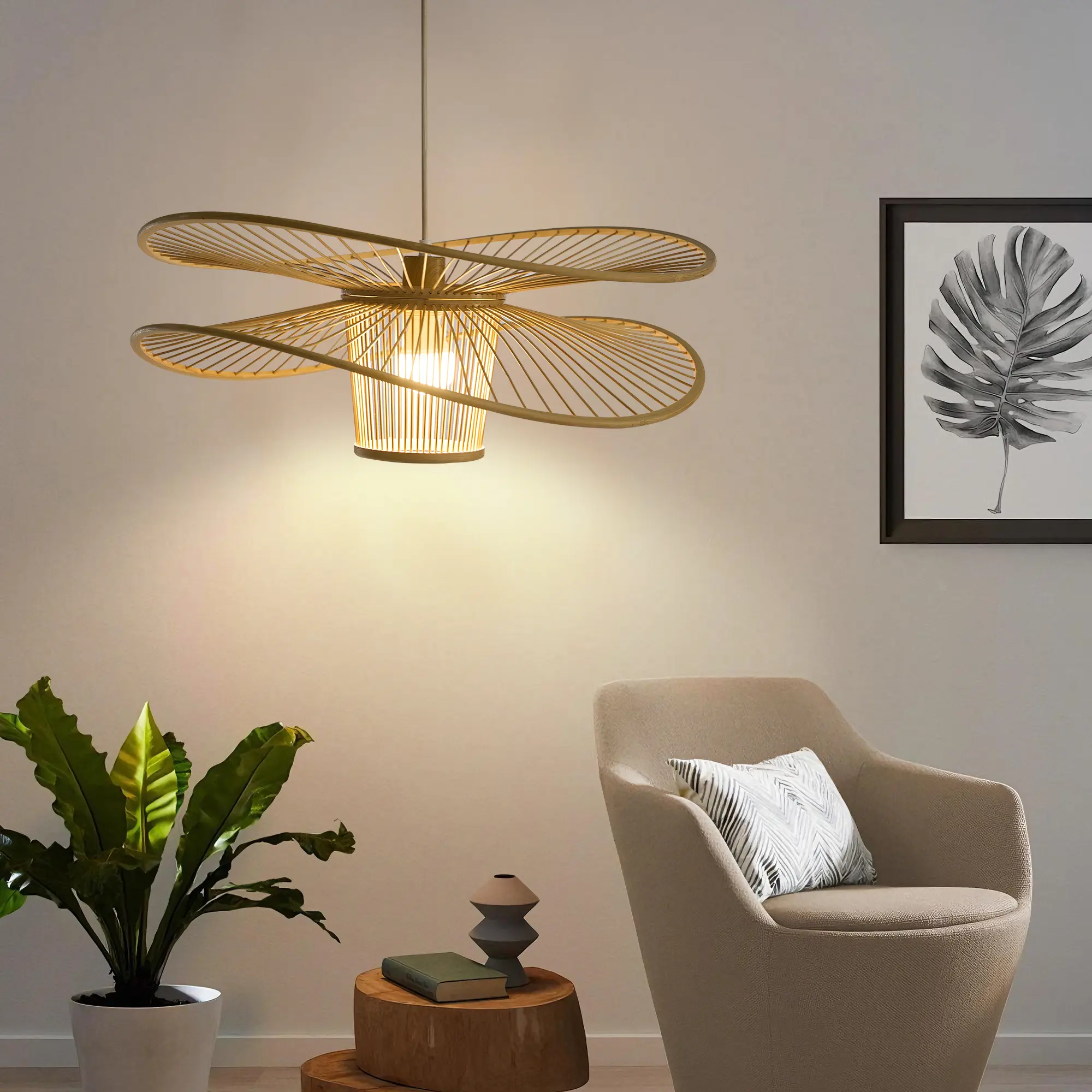 BOONITURE Modern Art Pendant Light - 23.5-Inch 2-Tier Petal Bamboo Shade with Cylindrical Inner Cage, Adjustable Cord, E26 Bulb Included, Adjustable Lights for Kitchen Islands, Dining Rooms, WeeklyDeals sohochi