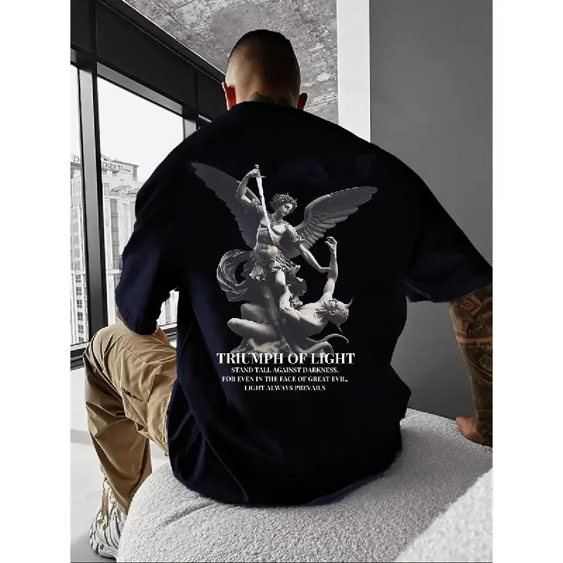 Men's Short-Sleeve Cotton Blend T-Shirt - Round Neck, St. Michael Defeats The Devil Religious Icon Graphic Print, Stylish Casual Regular Fit Street Wear, Spiritual Menswear Top, Affordable All-Season Fashion, Chinese New Year Easter Halloween Figure Theme