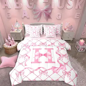 7Pcs Preppy Bow Comforter Set with Sheets Initial H Birthday Gifts Bed in A Bag,Coquette Bowknot Sheets Set with Comforter,Kawaii Ribbon Bows Bedding Sets, Bed Comforter Set