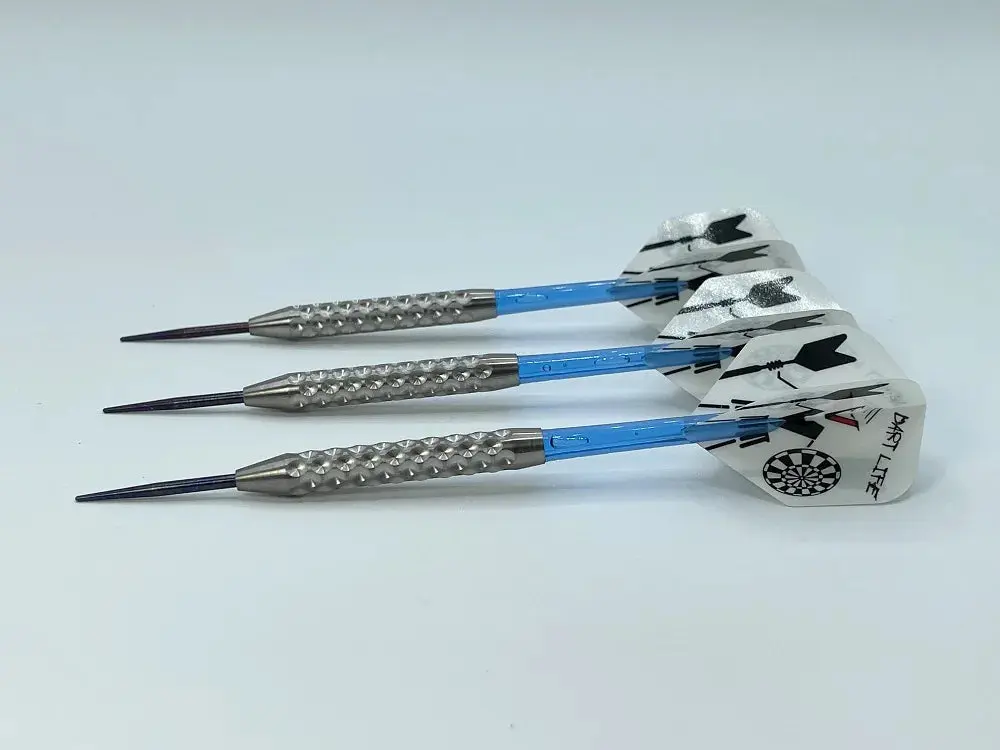 Professional Dart Set, Neutralizer EL-C Model with Aerodynamic Dimpled Barrels for Easy Grip, Purple Shafts, Complete 3-Pack with Pouch and Flights, Darts, Points, Designer Pouch, Voks Engraved, Dimpled Darts