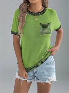 Summer Women's Colorblock Striped Pocket Round Neck Short Sleeve Fitted Knit Sweater Top, Ideal for Beach Vacation, Casual Stylish Summer Wear, Knitwear, Knitted Top, Womenswear