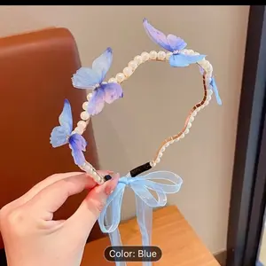 Blue Butterfly Pearl Headband with Ribbon Accent for Women's Fashion Accessory