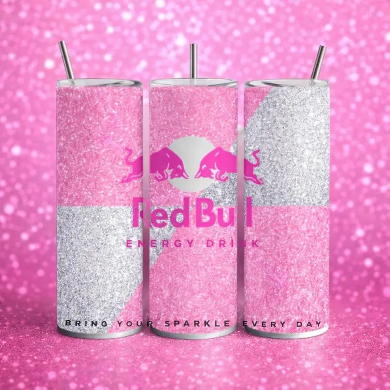 Glitter Texture Red Bull Pink, Blue & White Edition 20oz Stainless Steel Tumbler | Stainless Steel Travel Cup | Gift for Energy Drink Fans