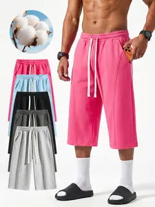 Men's summer solid color casual sports seven quarter shorts with drawstring and side pockets - soft, breathable, skin friendly, comfortable, ideal for daily outdoor activities