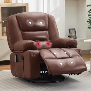 Oversized Wide Recliner Chair-Heat and Vibration Massage, PU Leather Manual Recliner for Adults, 360° Swivel Rocker Chair with Cup Holders & Side Pocket,Lazy Boy Chair for Living Room, Bedroom,Brown