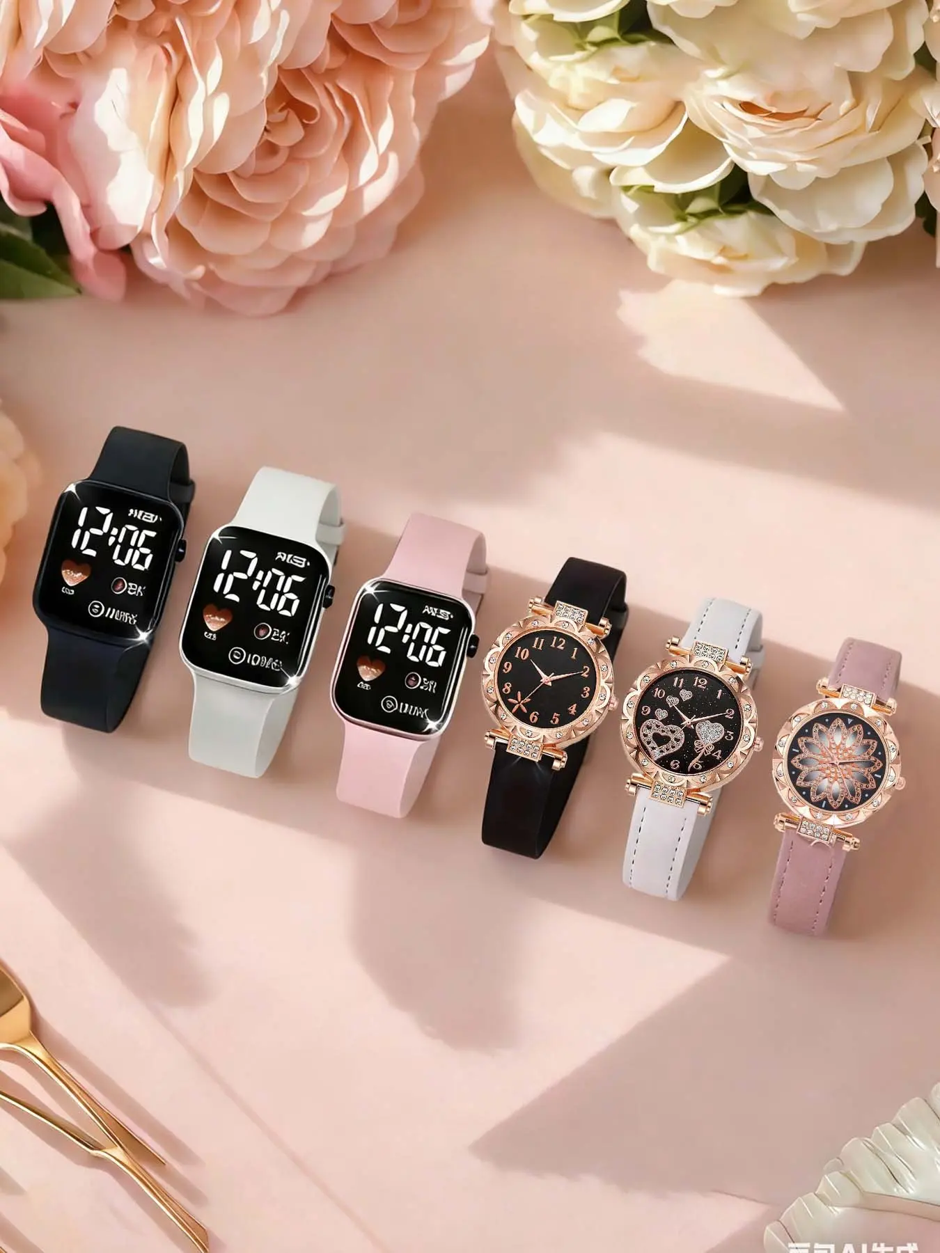 A set of 6 women's leather strap quartz watches with waterproof LED display and electronic smart fitness sports watch Fashion Watches Casual Quartz Watch