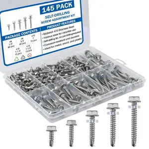 145 count Self Tapping Screws for Metal - 410 Stainless Steel Self Drilling Screws Kit, Multiple Sizes (#10 with Washers), Hex , Rust-Resistant for , Plastic, Roofing, DIY Projects