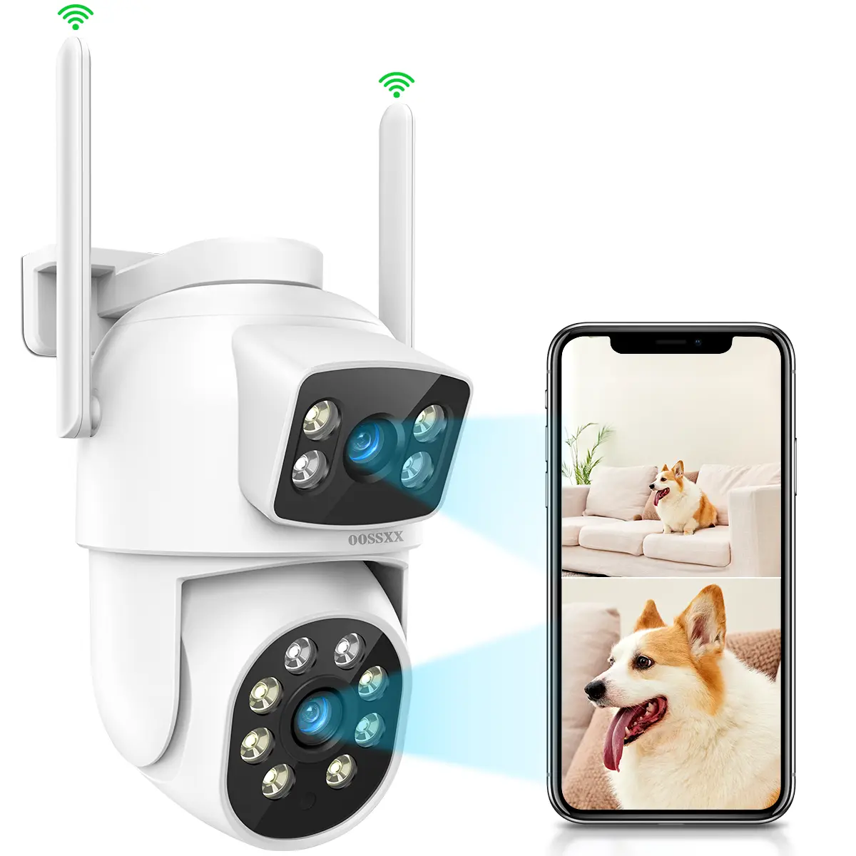 OOSSXX Dual Lens Outdoor 4K Wireless WiFi Security Camera - Night Vision CCTV, Smart Camera, Waterproof Monitoring, 2-Way Audio/Video, Home Surveillance, Door Monitor, SD Support, Phone/App Control