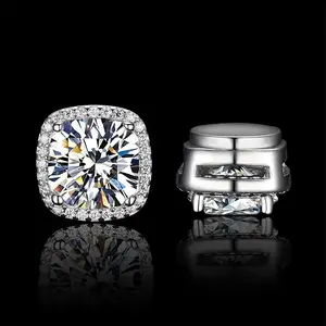【Father's Day Gift】Magnetic Stud Earrings for Men Women, Cubic Zirconia Halo Square CZ Earrings, Non Piercing Silver Tone Clip On Ear Studs, Iced Out Diamond Look Jewelry Gift
