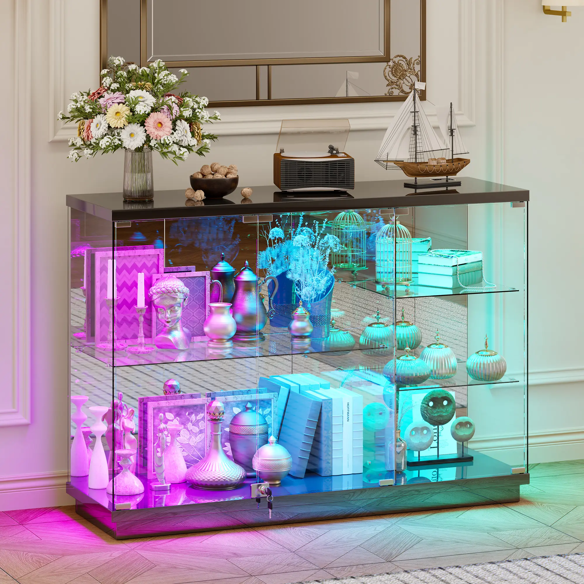 MIU 5-Tier Lockable Display Cabinet - with Glass Door,47.2" W Glass Display Case with 7+5 Lights Modes for Collectibles,Lighted Cabinet with Human Sensor,China Cabinet for Living Room