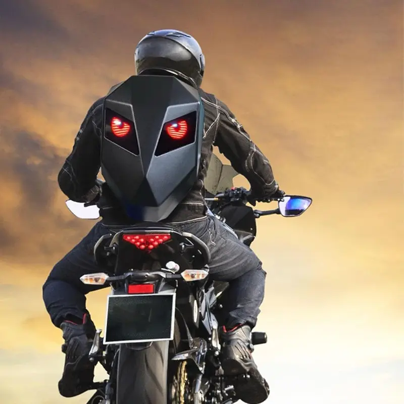 Unisex Carbon Fiber Aerodynamic Hard Shell Motorcycle Backpack - Rider Theme Luggage with Zipper, Night-Ready Functional Bag for Motorcyclists