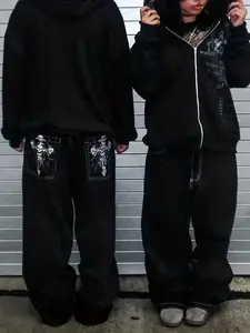 Halloween Embroidered Wide Leg Jeans, Cross Stitch Denim, Skull Design Y2K Streetwear, Loose Fit Floor Length Casual Pants