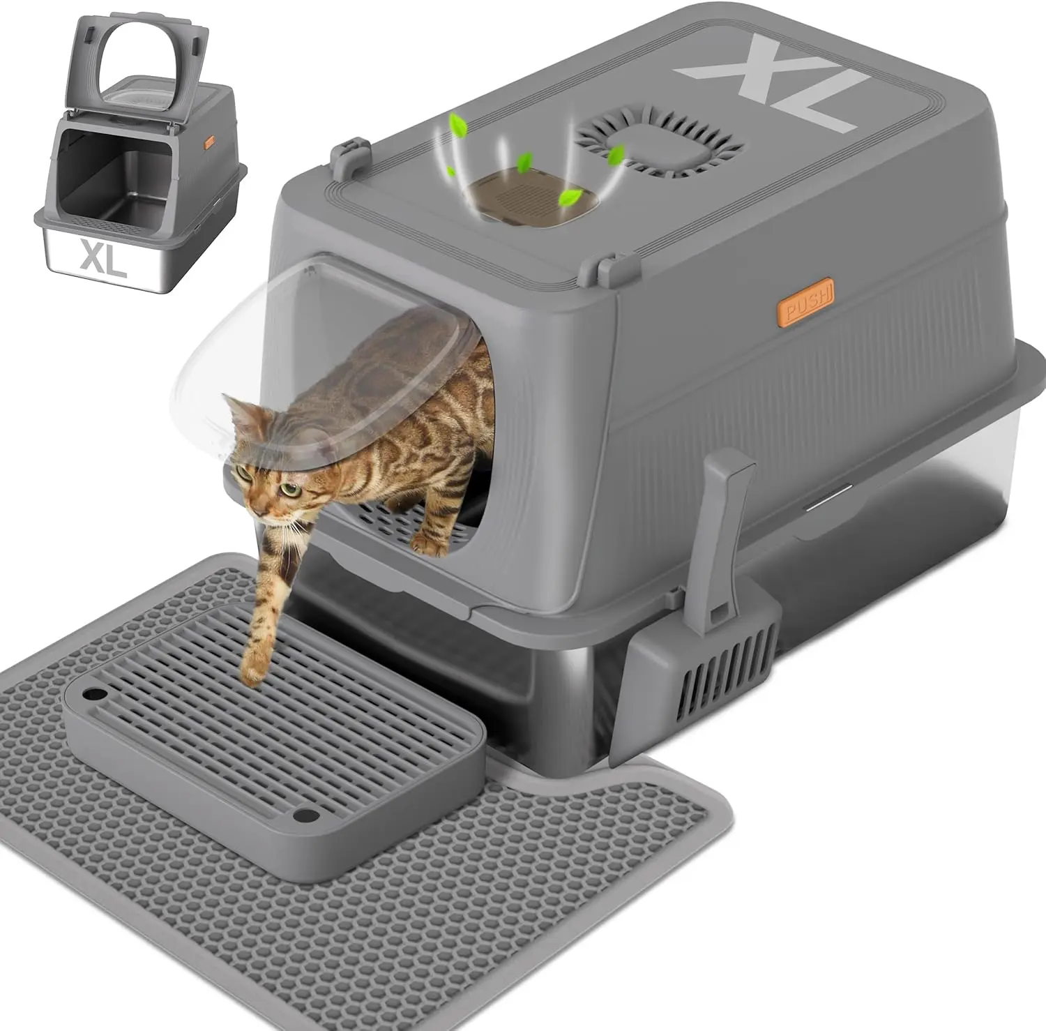Stainless Steel Cat Litter Box with Lid, XL Extra Large Enclosed Removable Metal Litter Box with Litter Scoop&Double Layer Litter Mat, Non-Sticky, Non-Odor, for Big Cats Dark Grey