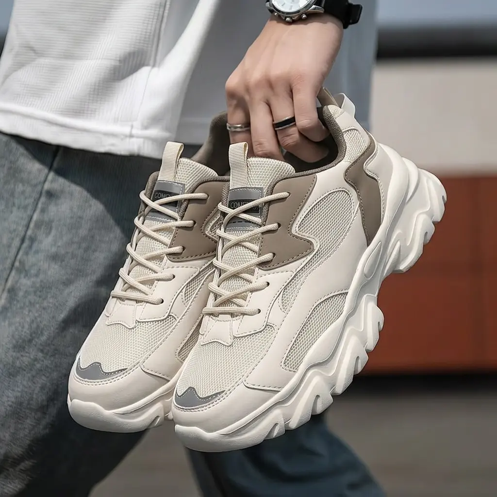 Men's Casual Sneakers - Breathable Mesh Low-Top Lace-Up Shoes for Outdoor Activities, Four-Season Comfort, Silver Dad Style Sports Shoes